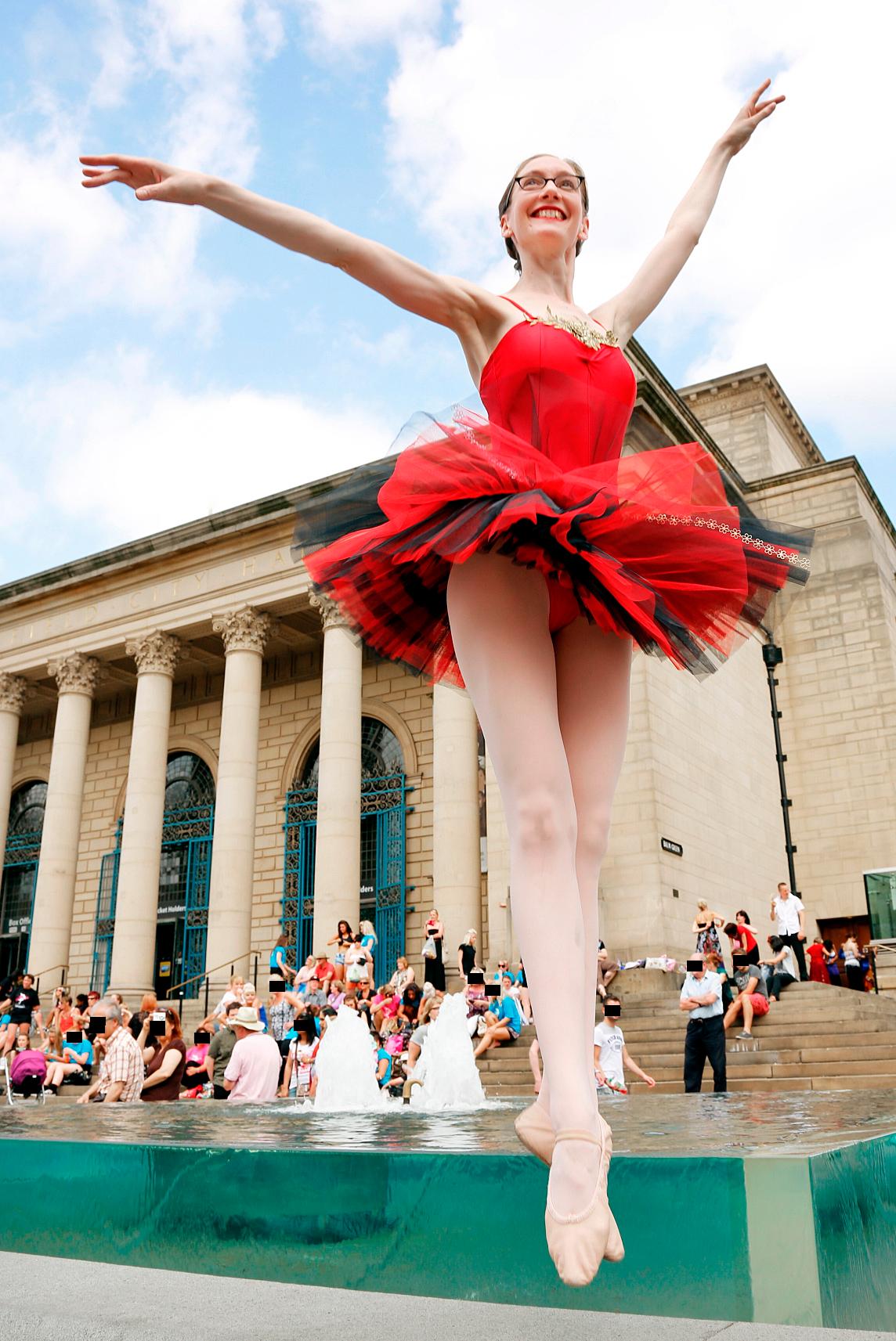 Auburn Ballet Girl wearing White Opaque Pantyhose and Red Tutu Short Dress